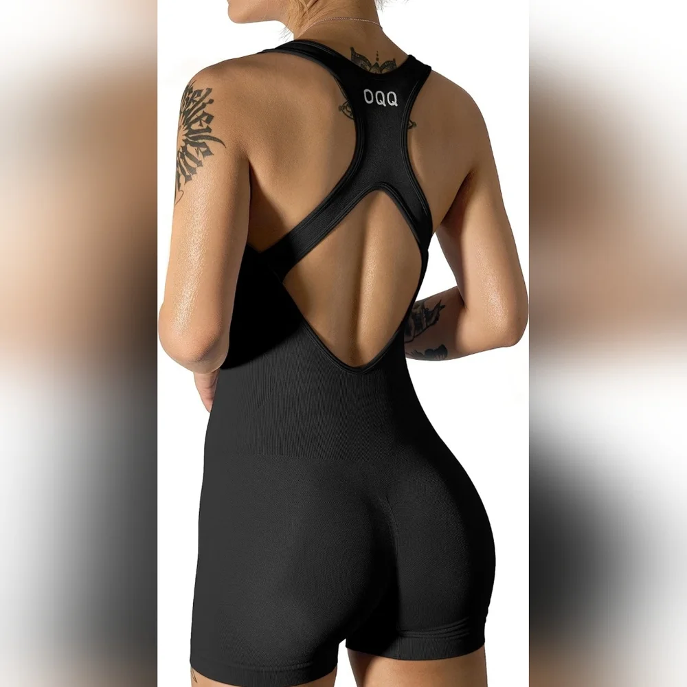 Black Open Back Workout Romper - Picture 1 of 5